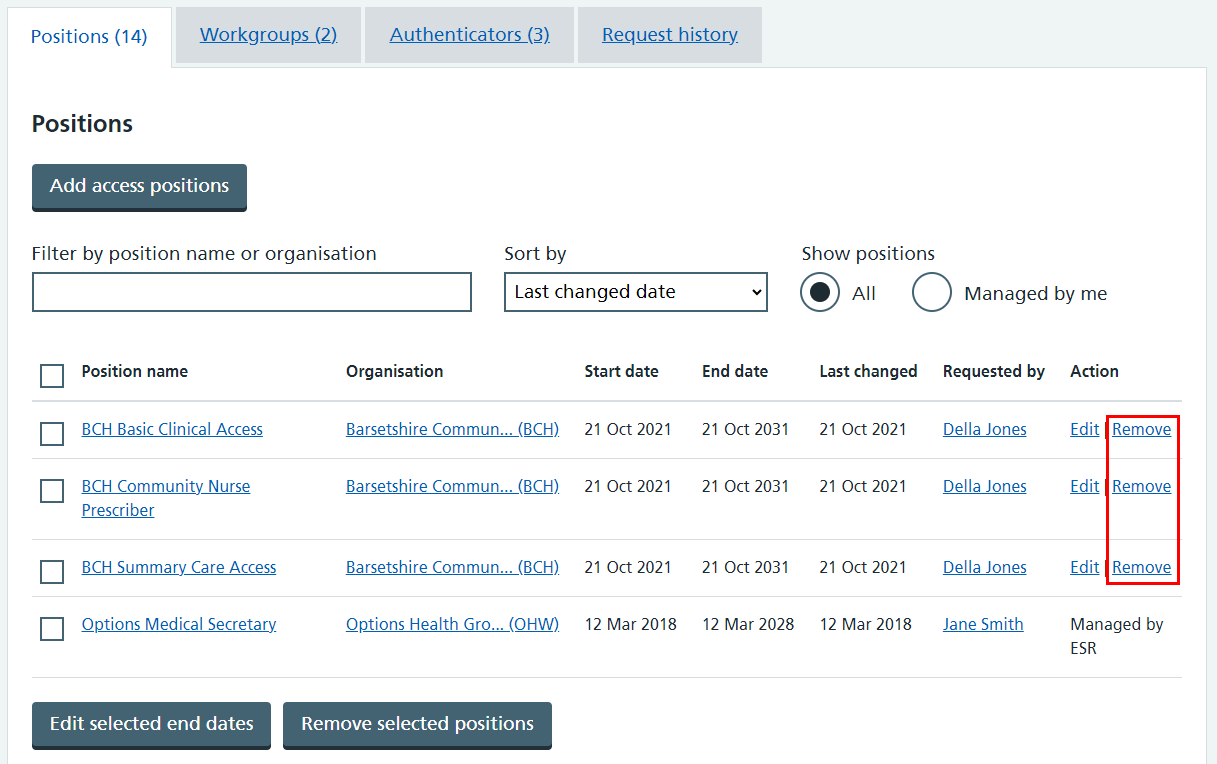 CIM user profile positions tab remove links highlighted