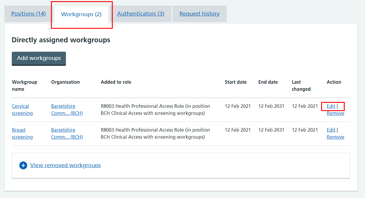 CIM user profile workgroups tab and edit link highlighted