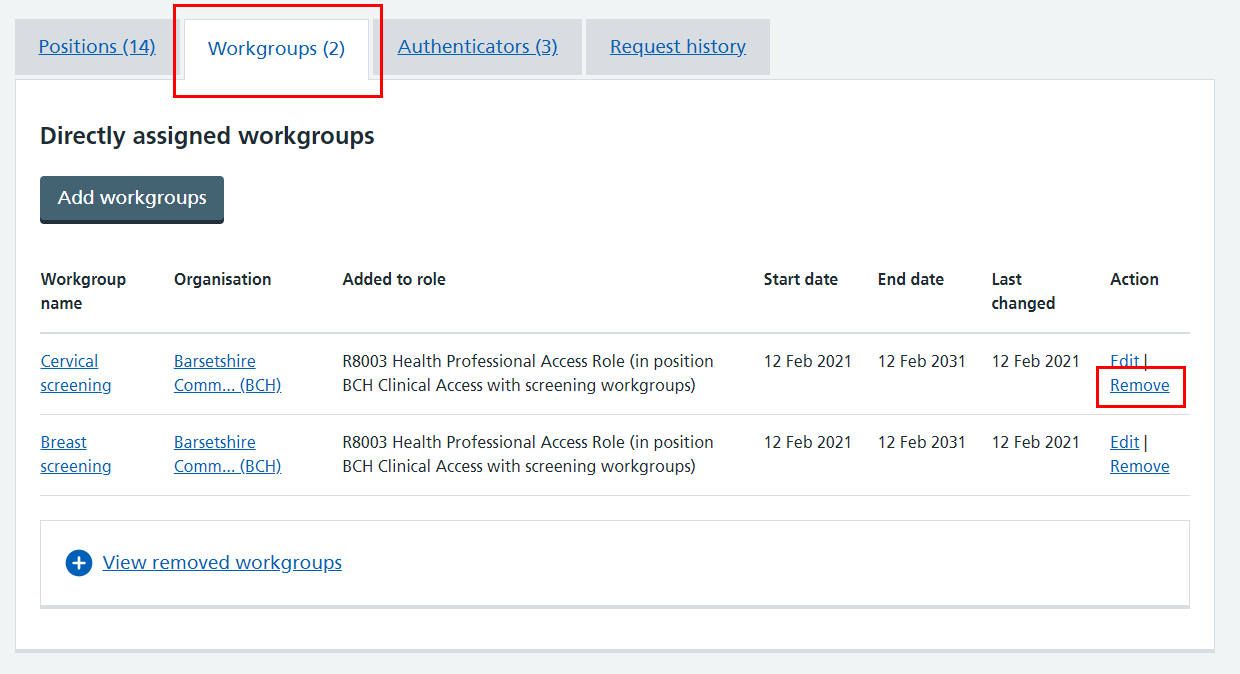 CIM user profile workgroups tab and remove link highlighted