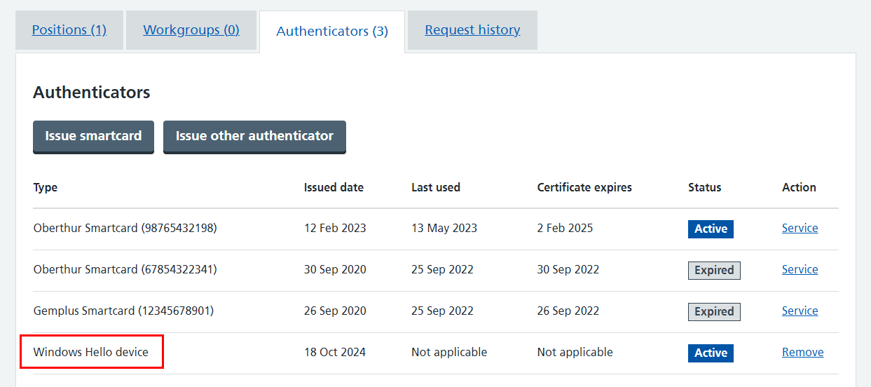 CIM windows hello device highlighted in authenticator list