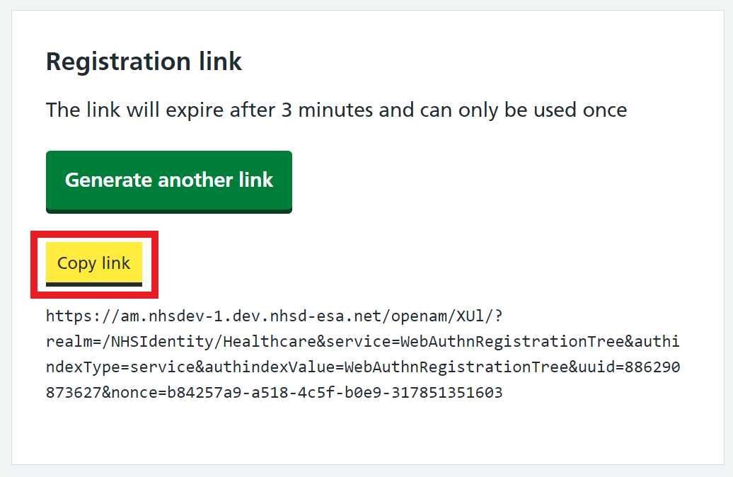 Shows a registration link and a highlighted button to Copy link