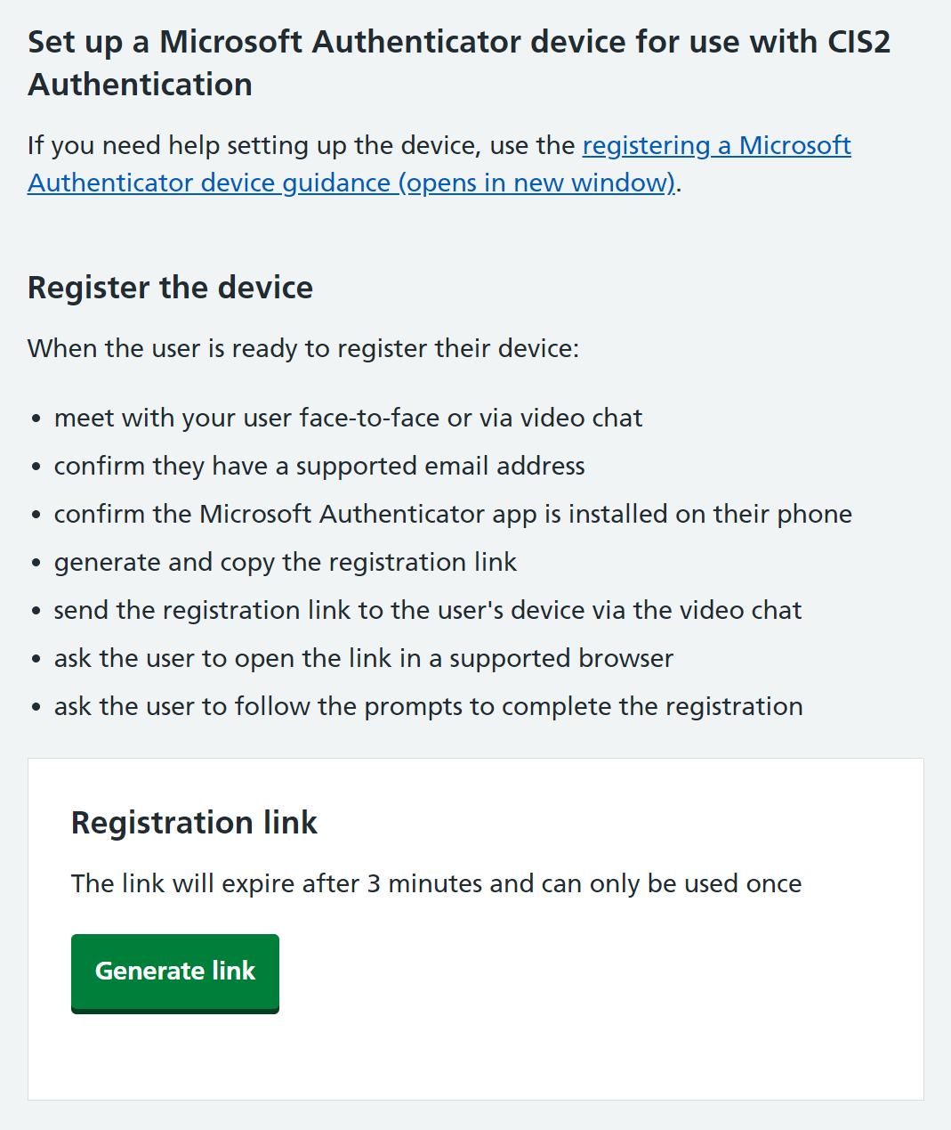 Shows instructions on how to register a device and generate a link