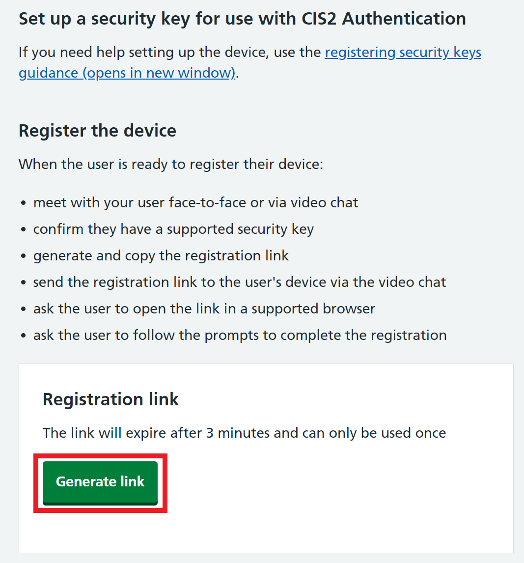 Shows instructions for registering a security key, with a highlighted button to Generate link