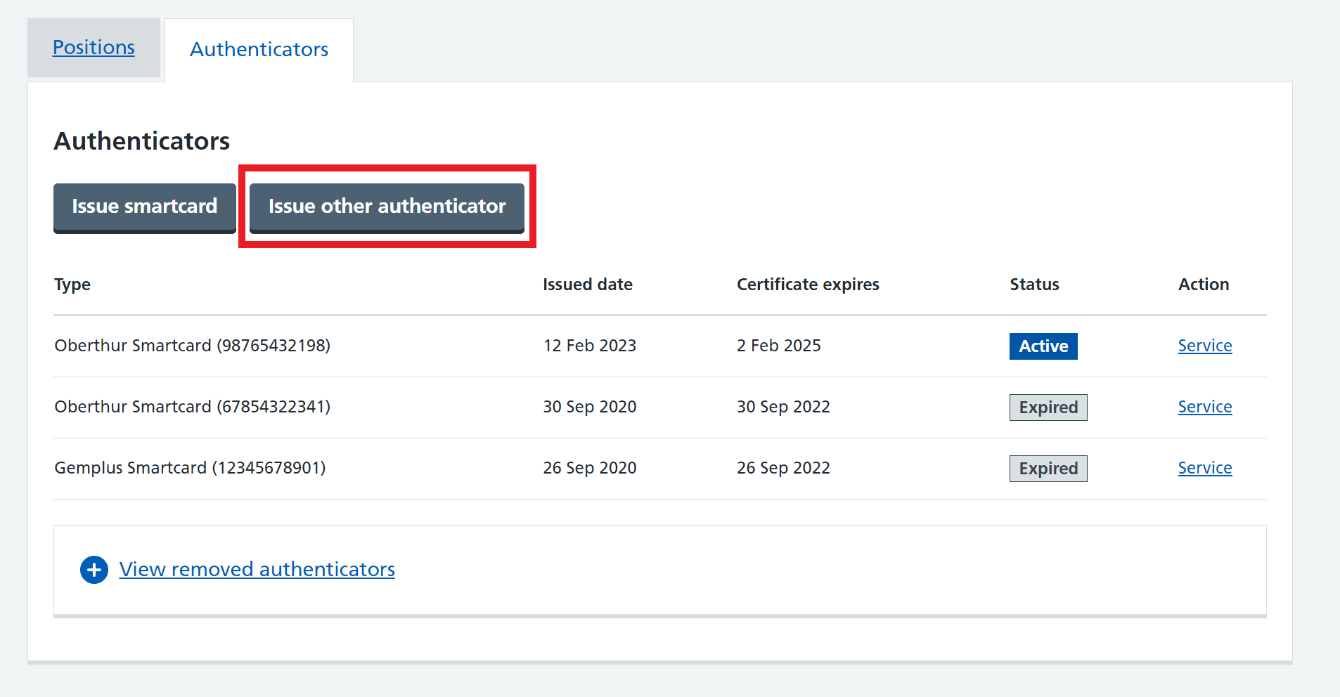 Shows a list of authenticators, with a button highlighted to Issue other authenticator