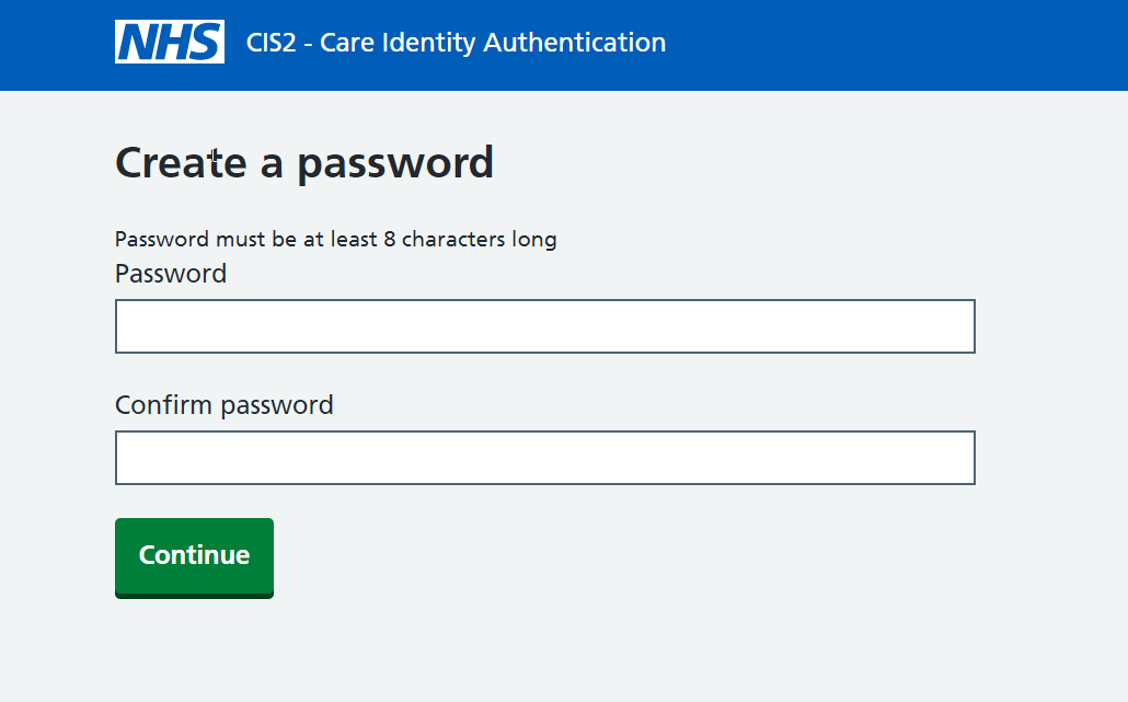 Shows form fields to create and confirm a password