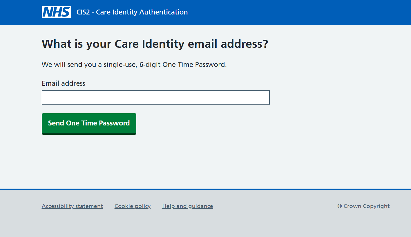 Shows a form field for email address to send a One Time password
