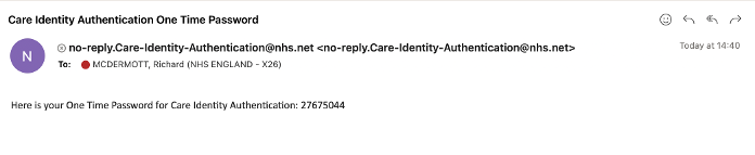 Shows an email in an inbox, containing a one time password.