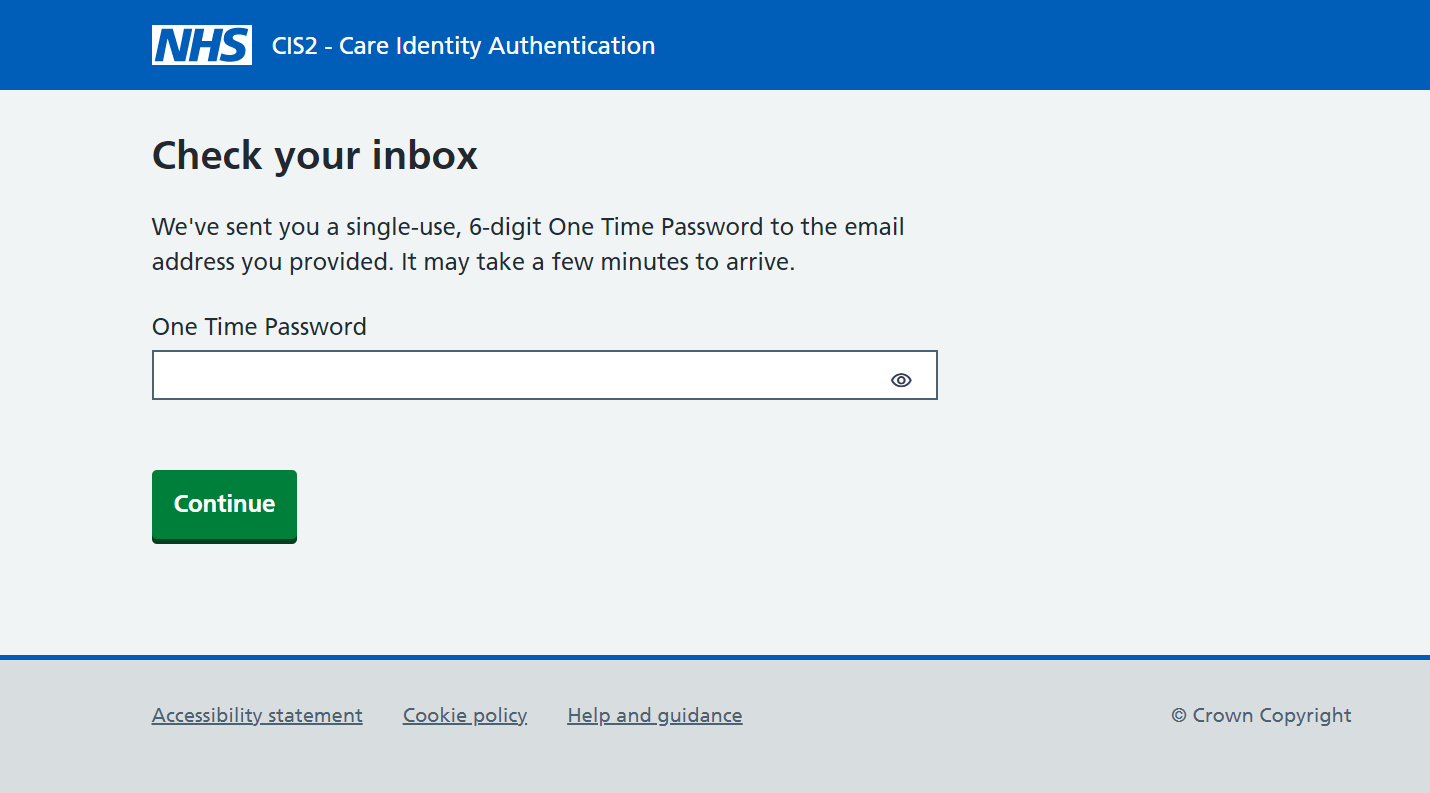 Shows a page with a form field where the user can add the one time password they have been to their email
