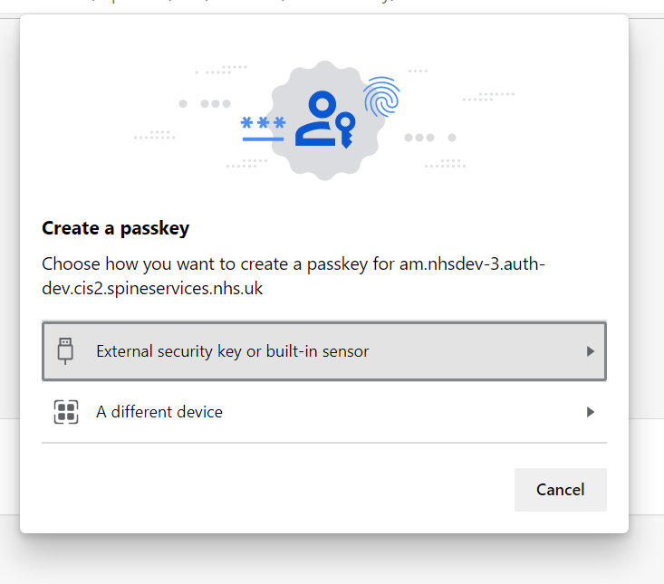 Shows a screen inviting the user to create a passkey, with External security key option selected