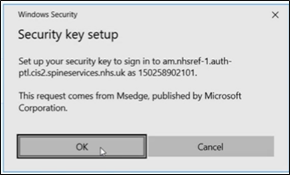 Shows security key setup page with the option to select OK