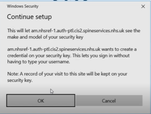 Shows continue security key setup page with the option to select OK