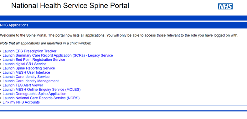 NHS Spine Portal menu