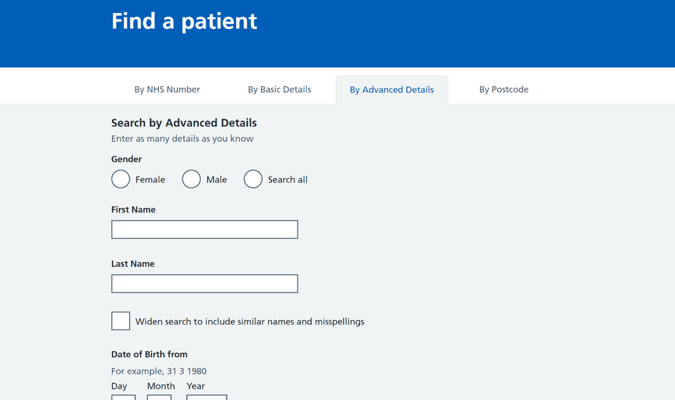Find a patient search by advanced details screen