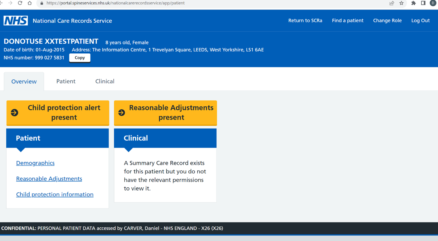 Patient record with Child Care Alert tab
