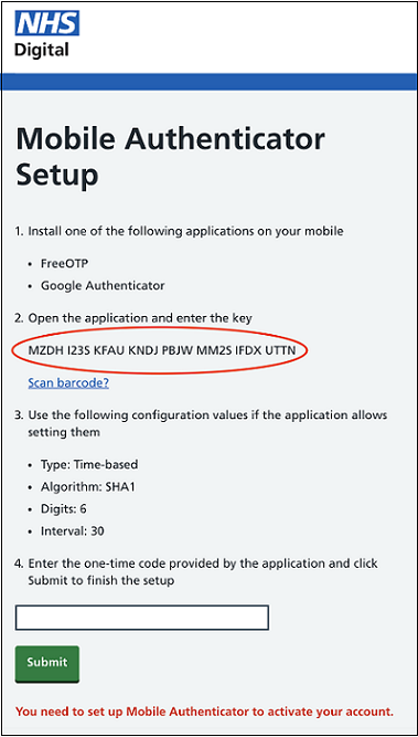 DAE authenticator setup with key