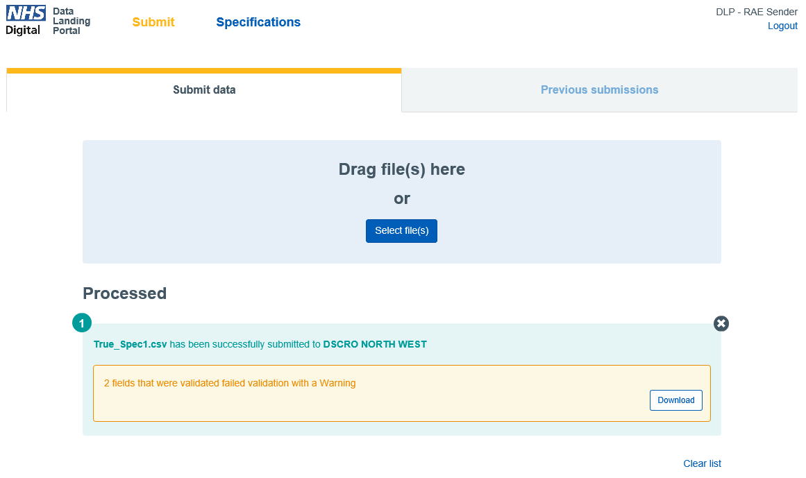 submission screen showing processed screen with message showing some fields were validated with a warning