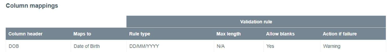column mappings validation rule screen displaying column mappings