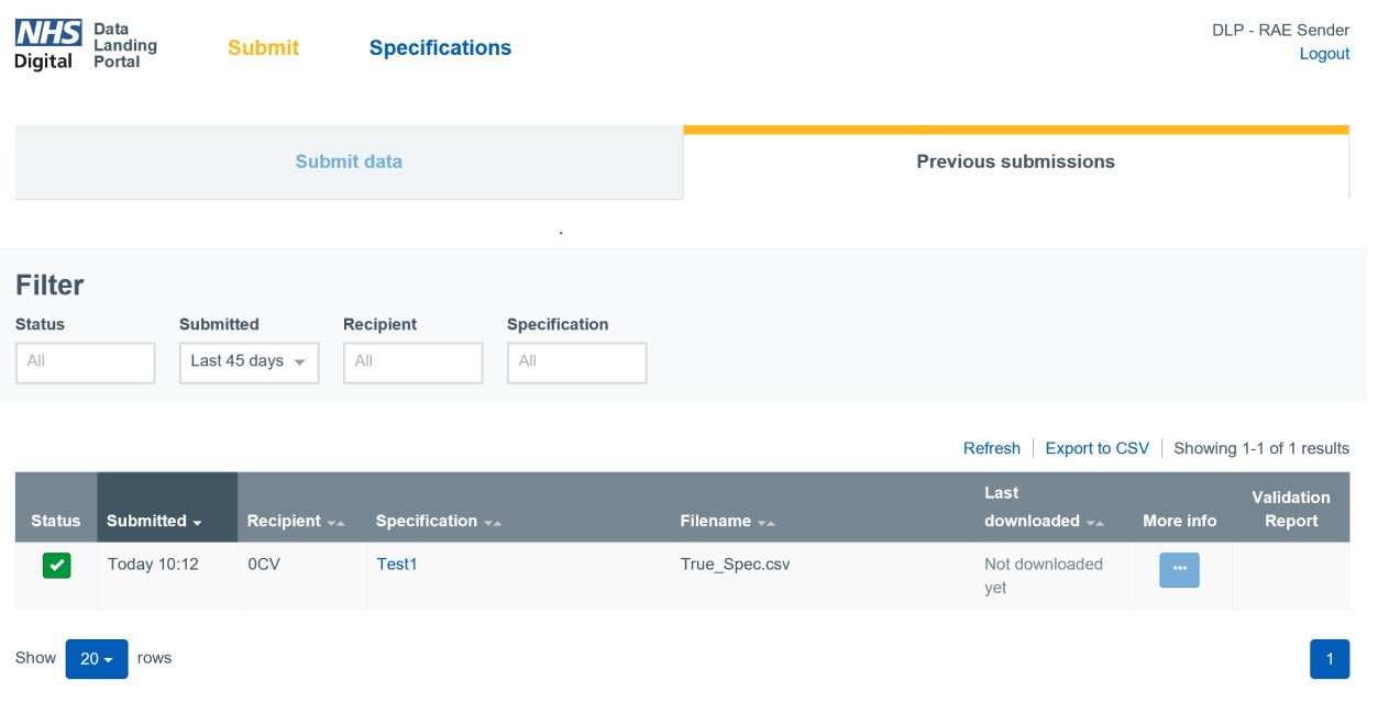 Data submissions screen displaying the submit data tab and the previous submissions tab