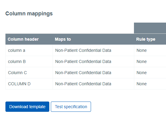 DLP column mappings screen displaying test specification button