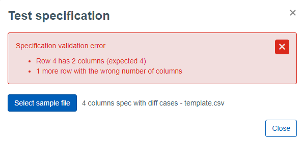 test specification screen unsuccessful screen