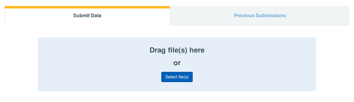 submit data tab screen with drag file(s) here select file screen displayed.