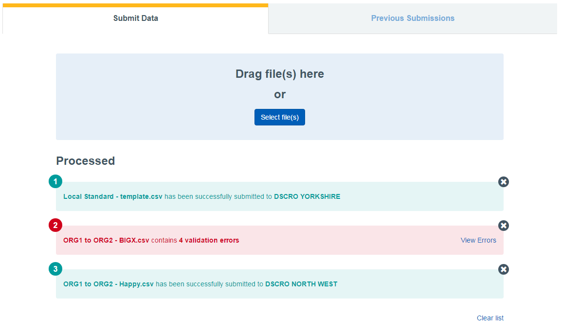 submit data screen with message processed displayed below drag file here screen