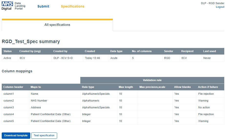 RGD test spec summary displayed within submission screen