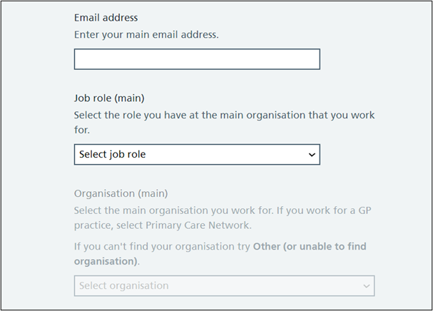 Registration email and select job title screen