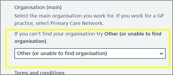 Organisation screen with unable to find organisation tab highlighted