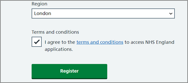 Region screen with I agree to terms and conditions box ticked