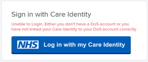 Unable to log in with Care Identity screen