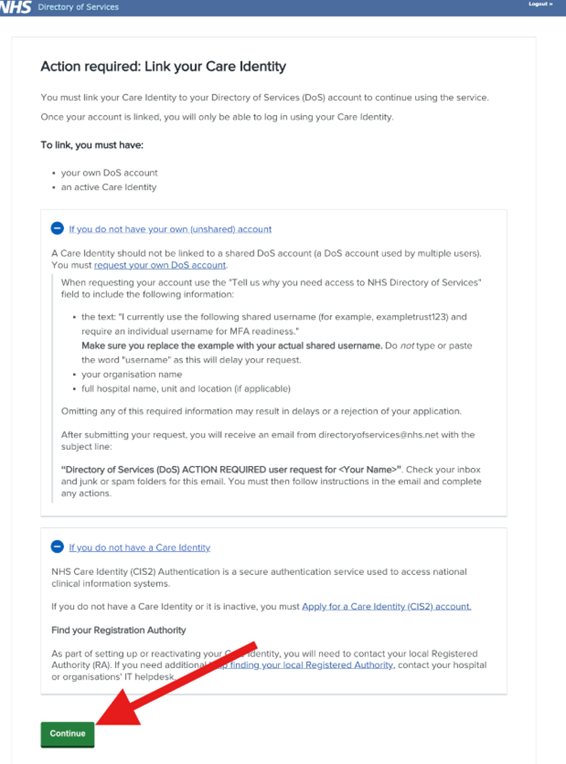Link Care Identity screen