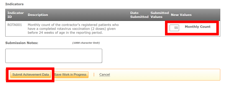 Screen shot of how to submit achievement date and monthly count