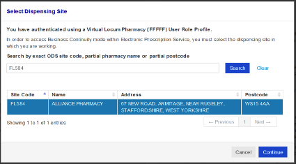 screen shot of EPS showing select dispensing site screen