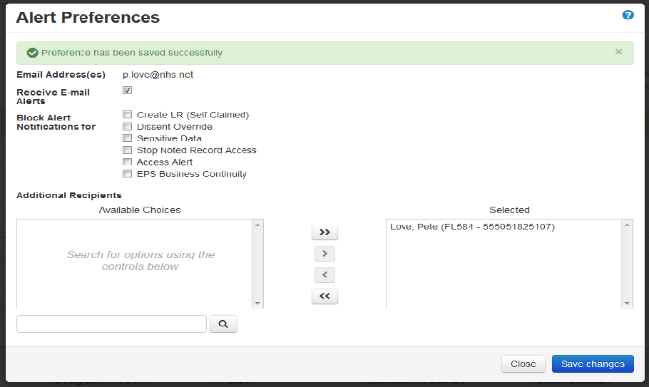 image of alert preferences screen showing a green line at the top of the page which confirms the preference has been saved successfully