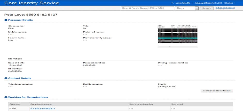 image of care identity service screen within EPS business continuity screen