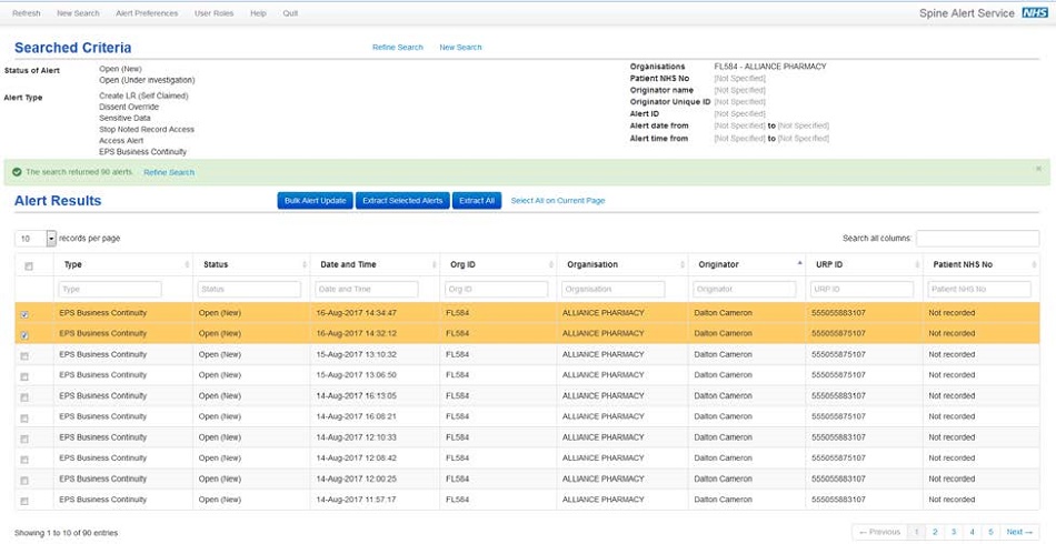 image of EPS alert viewer search results screen within EPS business continuity mode