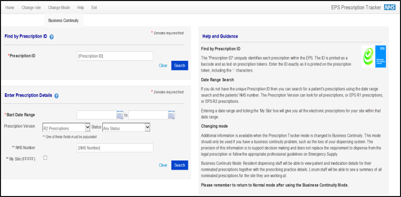 Screen shot of EPS business continuity mode screen