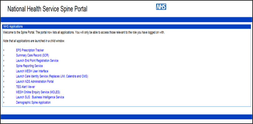 image showing how to choose the EPS Prescription Tracker from the NHS Spine portal.