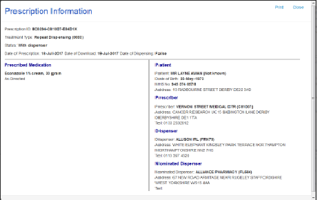 screen shot of EPS showing prescription information screen