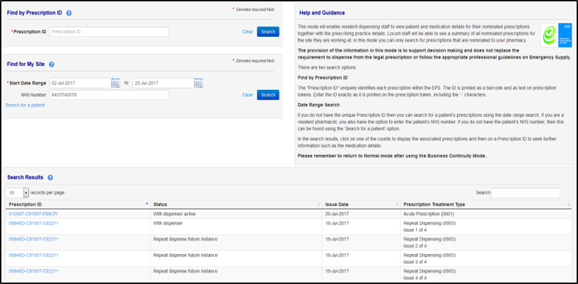 Screen shot of the screen seen when searching for a prescription