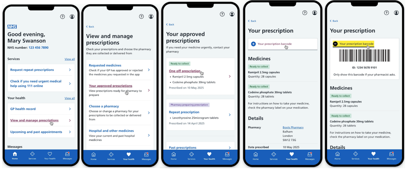 screen shots showing the journey from the NHS App home page to the prescription tracking service using mobile phone screens