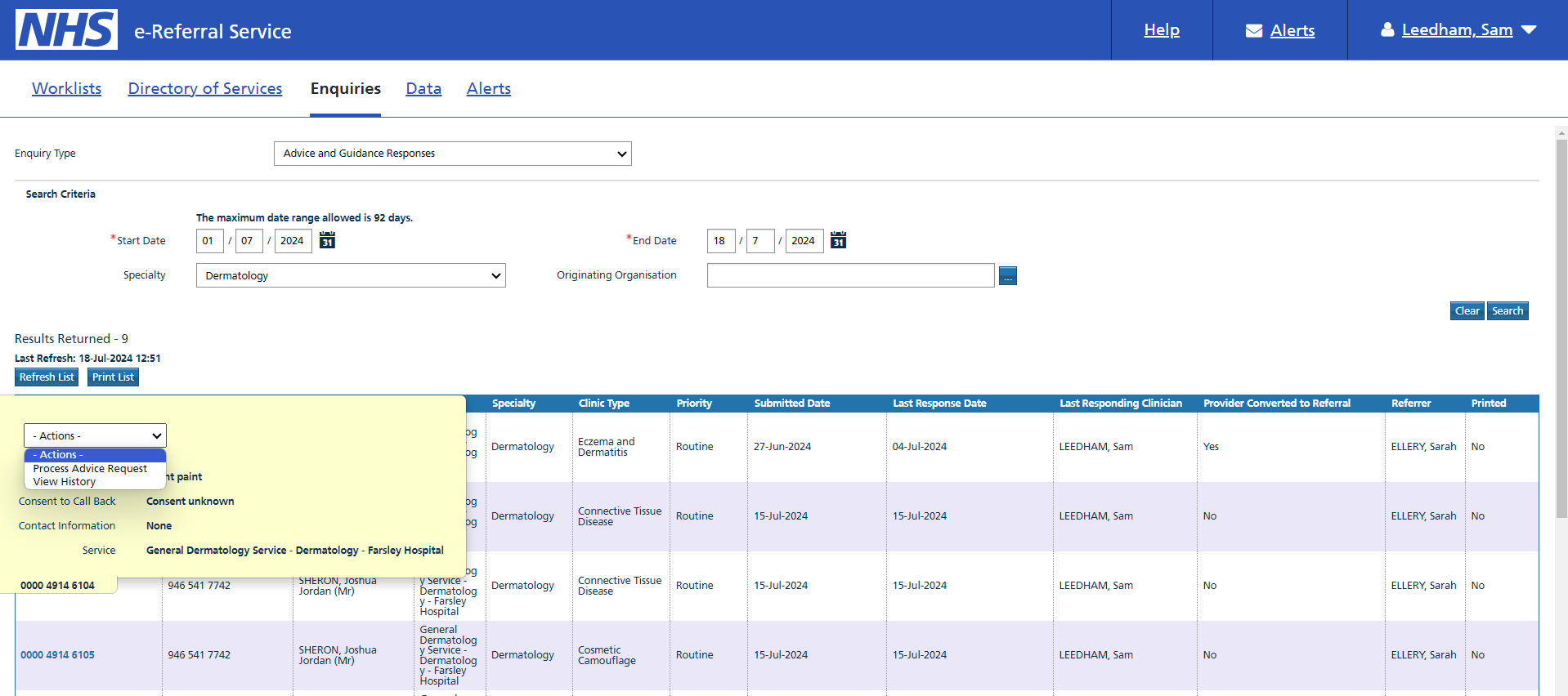 Advice and guidance search screen