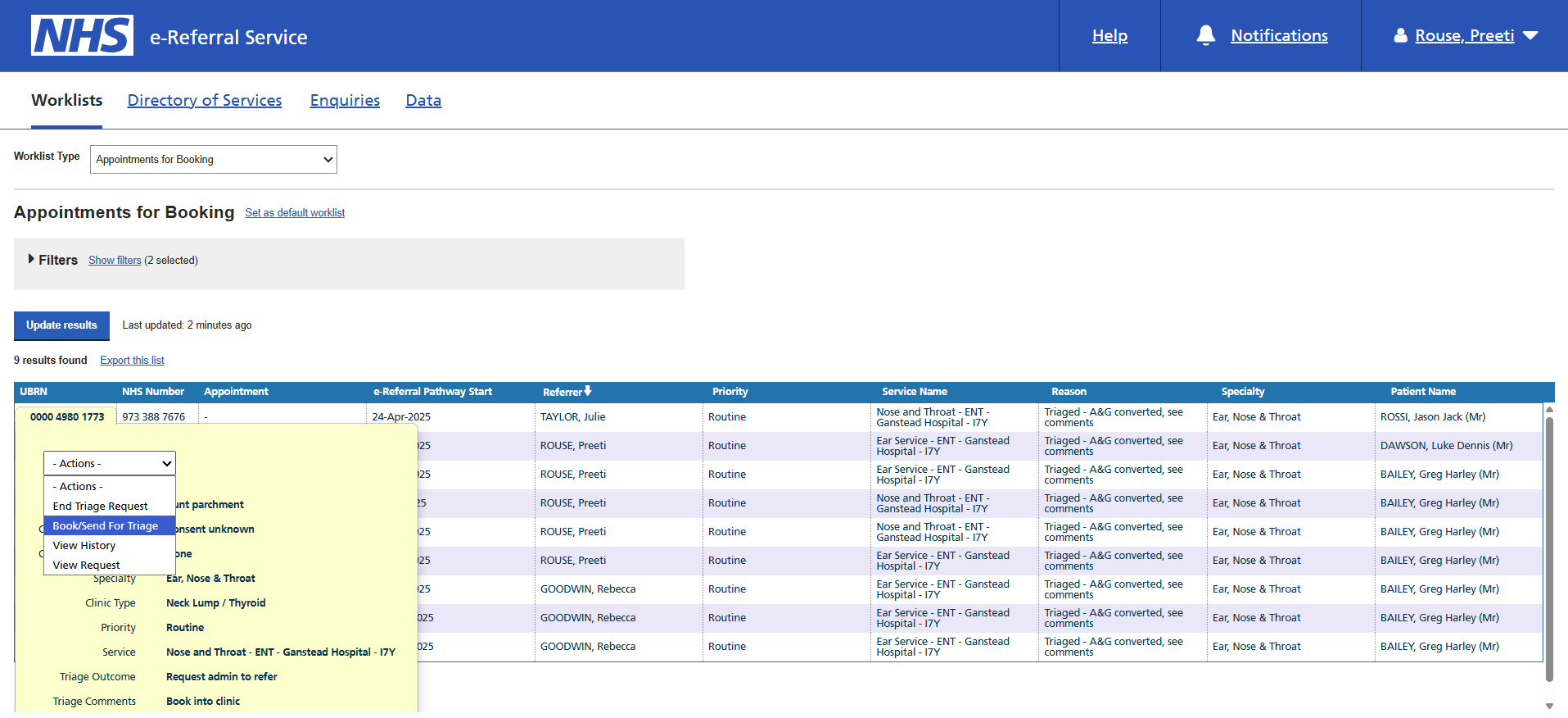 Triage/Service outcome screen