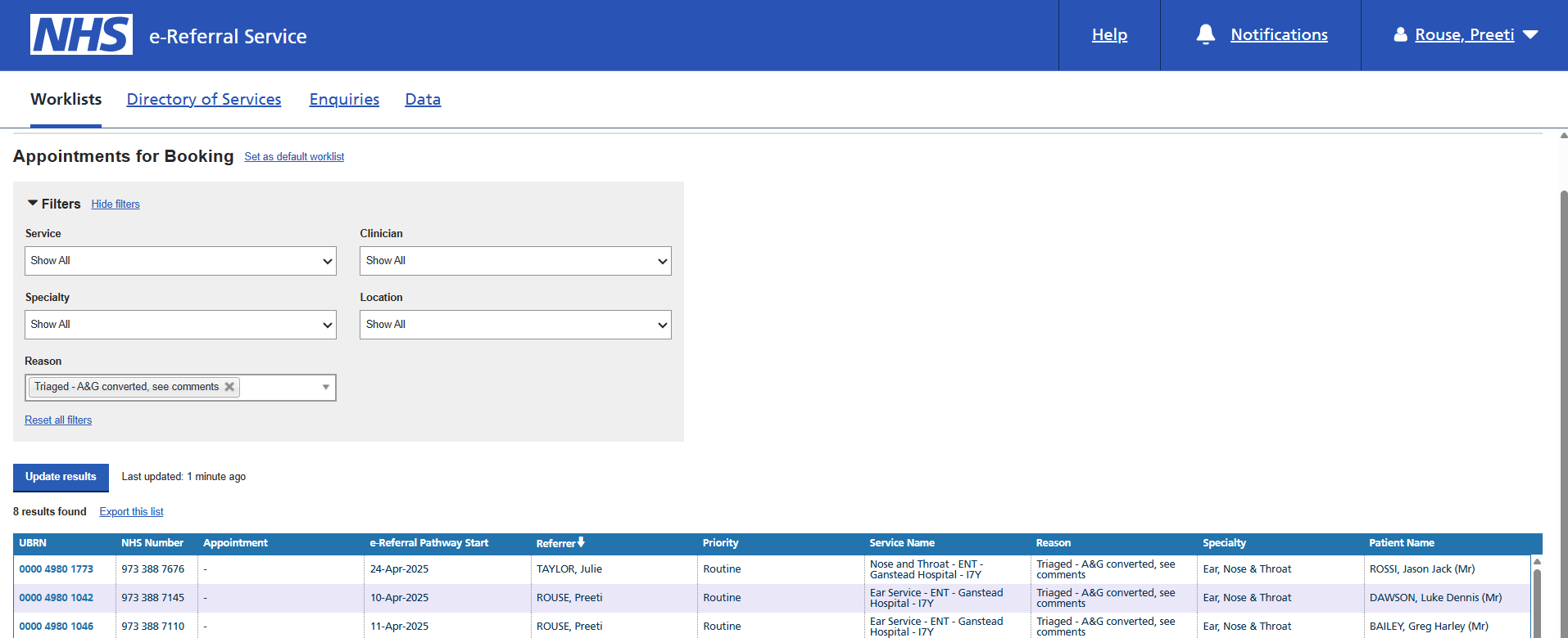 Appointments for Booking worklist screen
