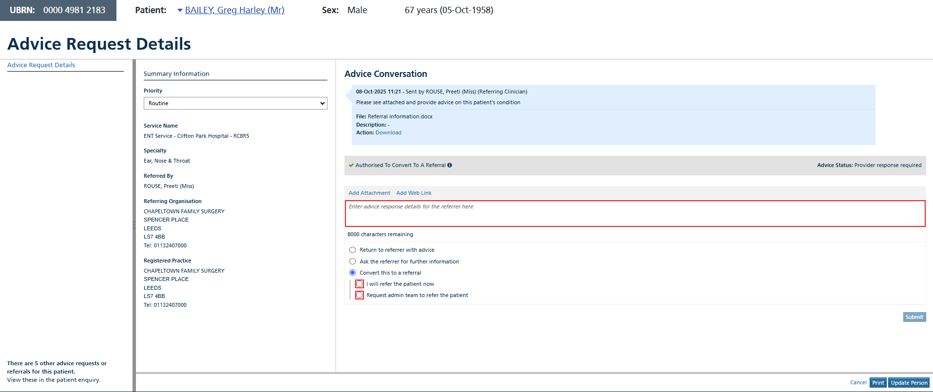 Images of the providers advice request details screen with the response options displayed