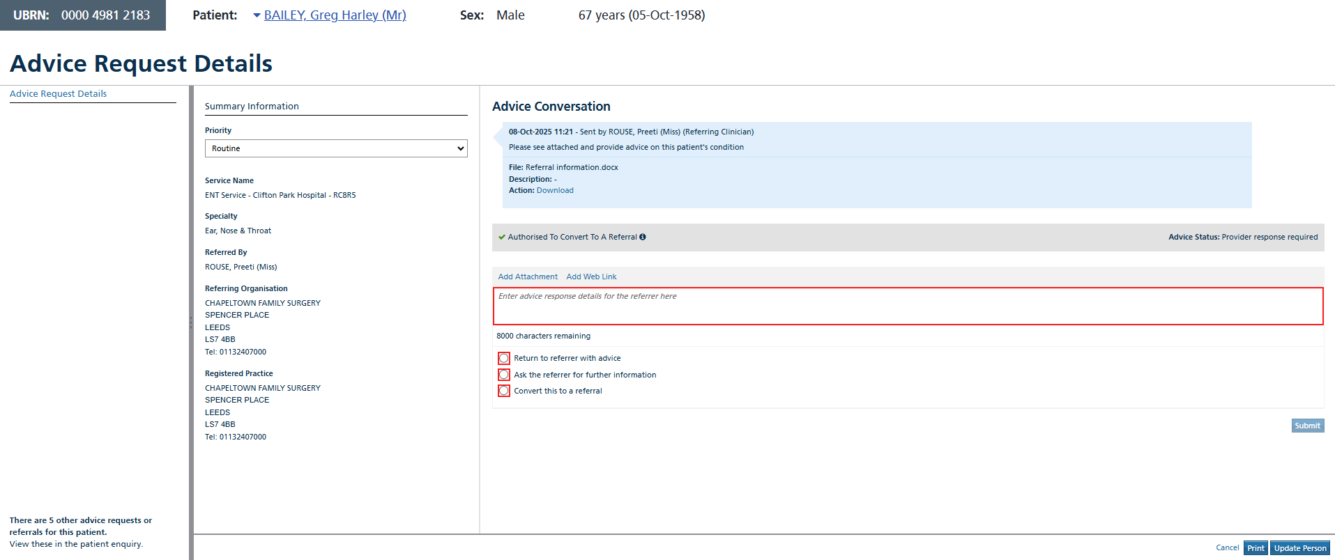 Advice request details including attachments screen
