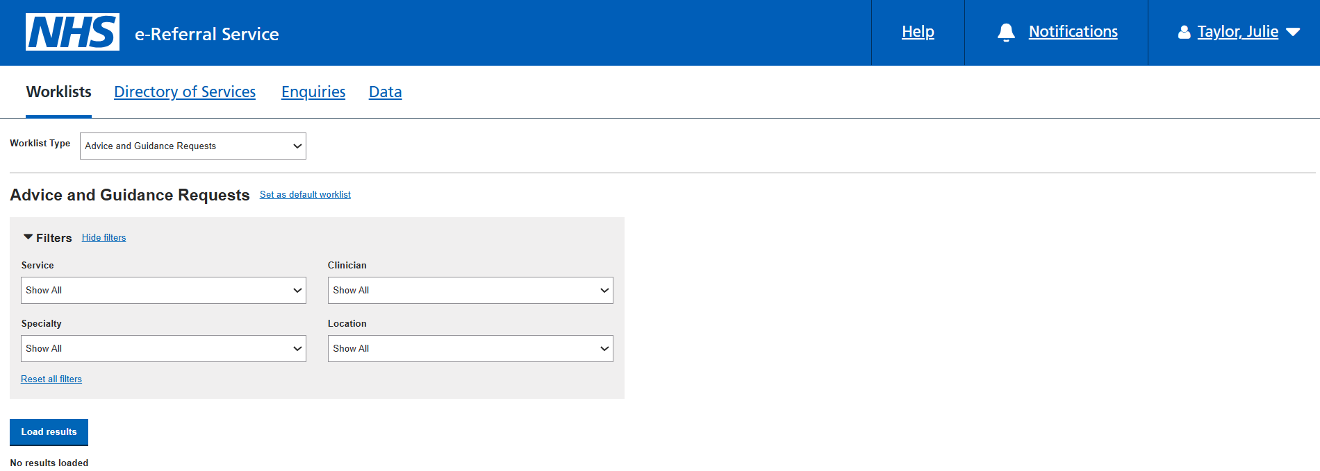 Advice and Guidance requests worklist screen
