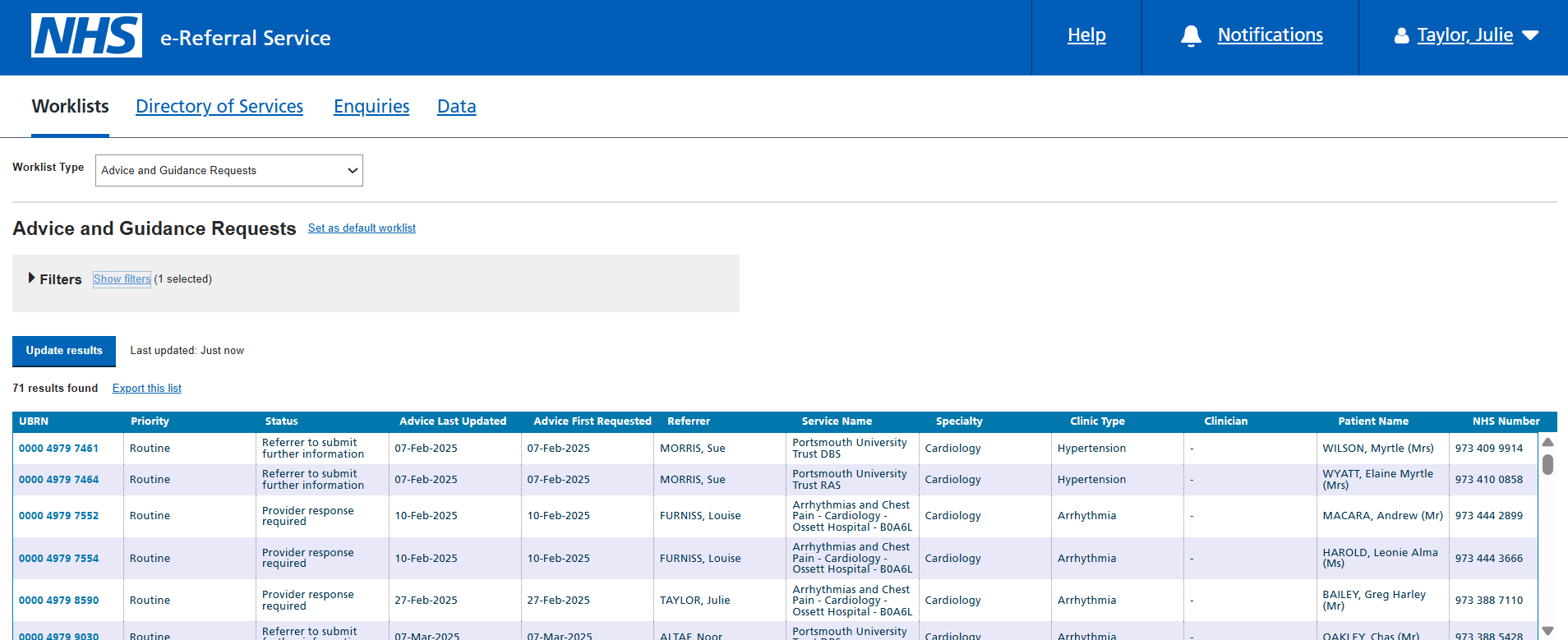 Advice and Guidance worklist sorting columns screen