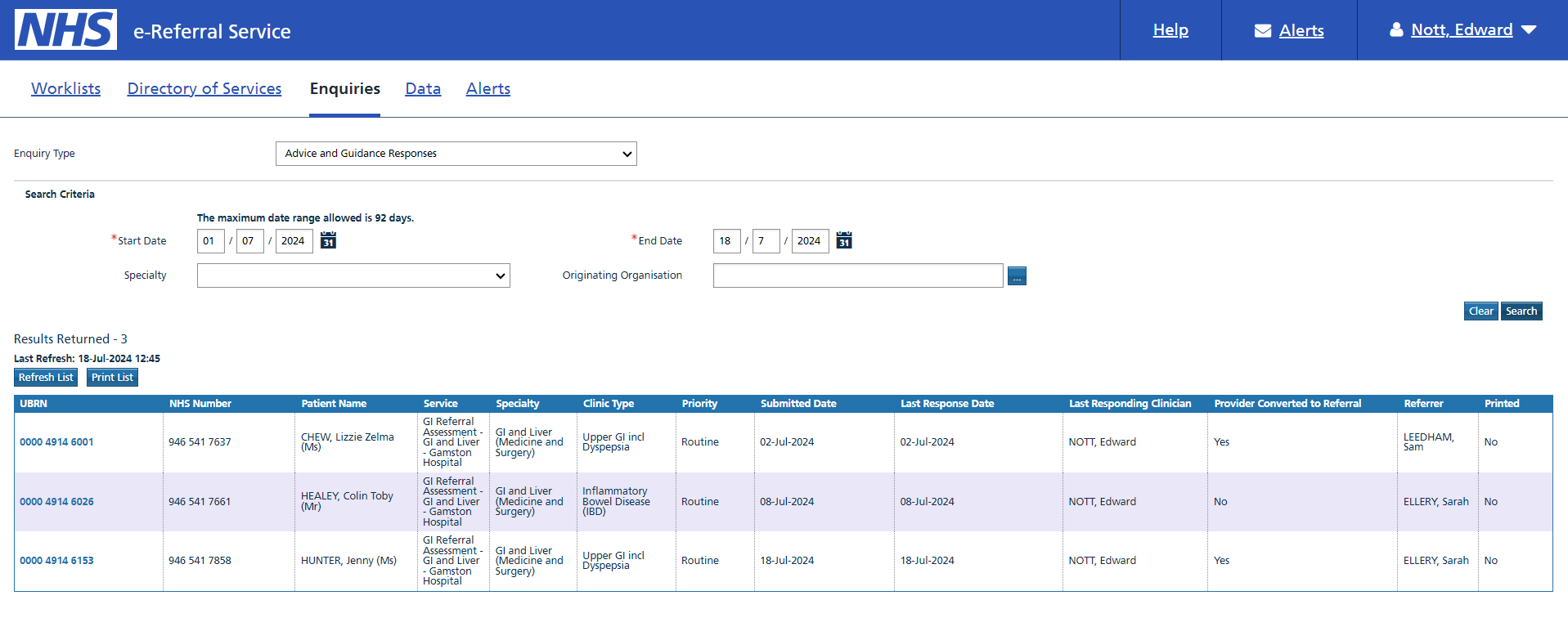 Advice and guidance responses screen